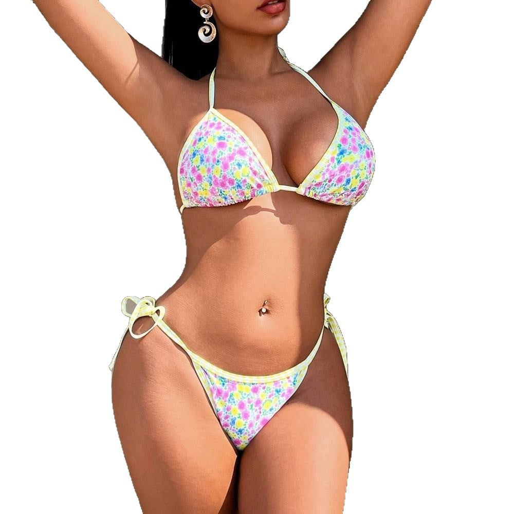 Swimsuit split beach print floral tie for women