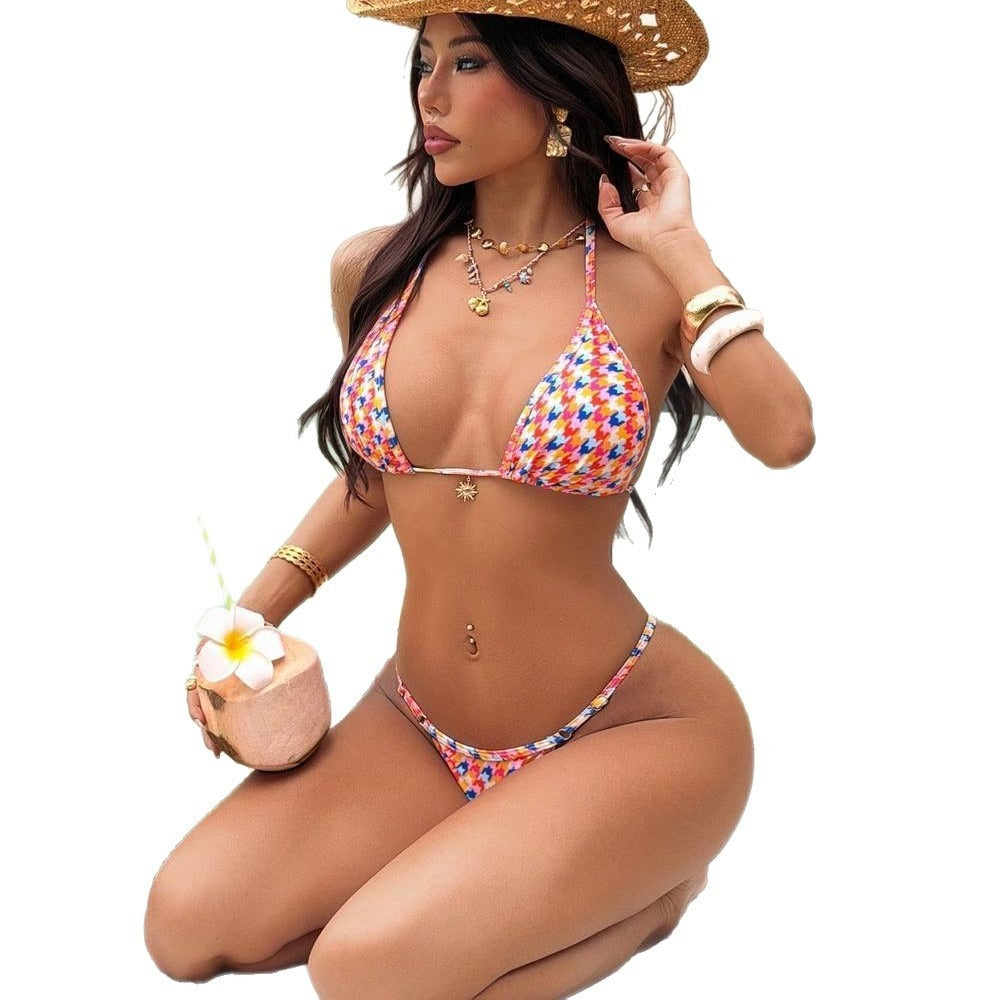 Swimsuit split seaside print strap hanging neck