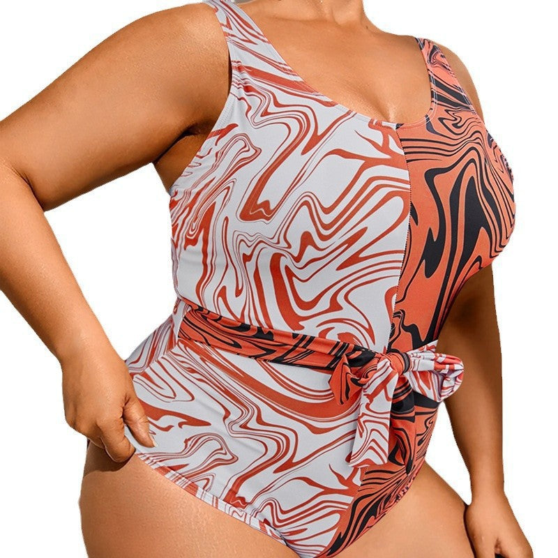 Printed Tie-Up Bikini Swimwear for Women, Elegant Beach Hot Spring Plus Size Swimsuit