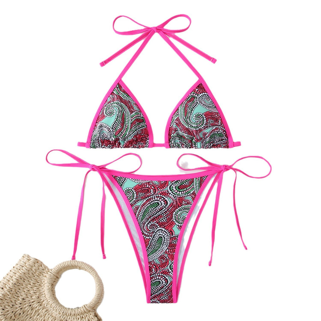 Split triangle bikini with lace up print swimsuit