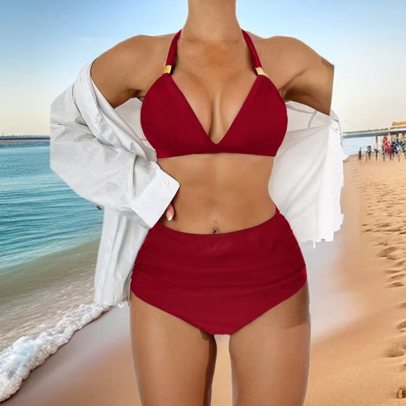 Women's two-piece swimsuit set with high waist and solid color hanging neck