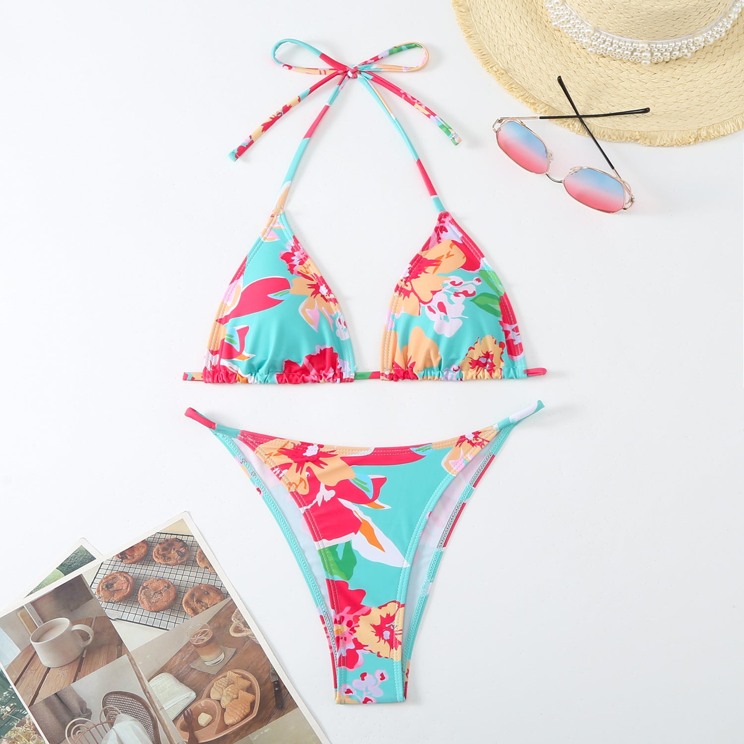 Split printed lace up backless triangle bikini swimsuit