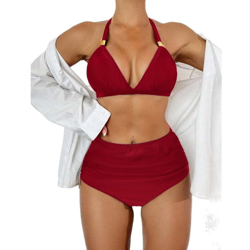 Women's two-piece swimsuit set with high waist and solid color hanging neck