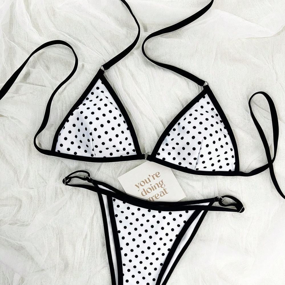 Swimsuit split vacation neck hanging retro polka dots