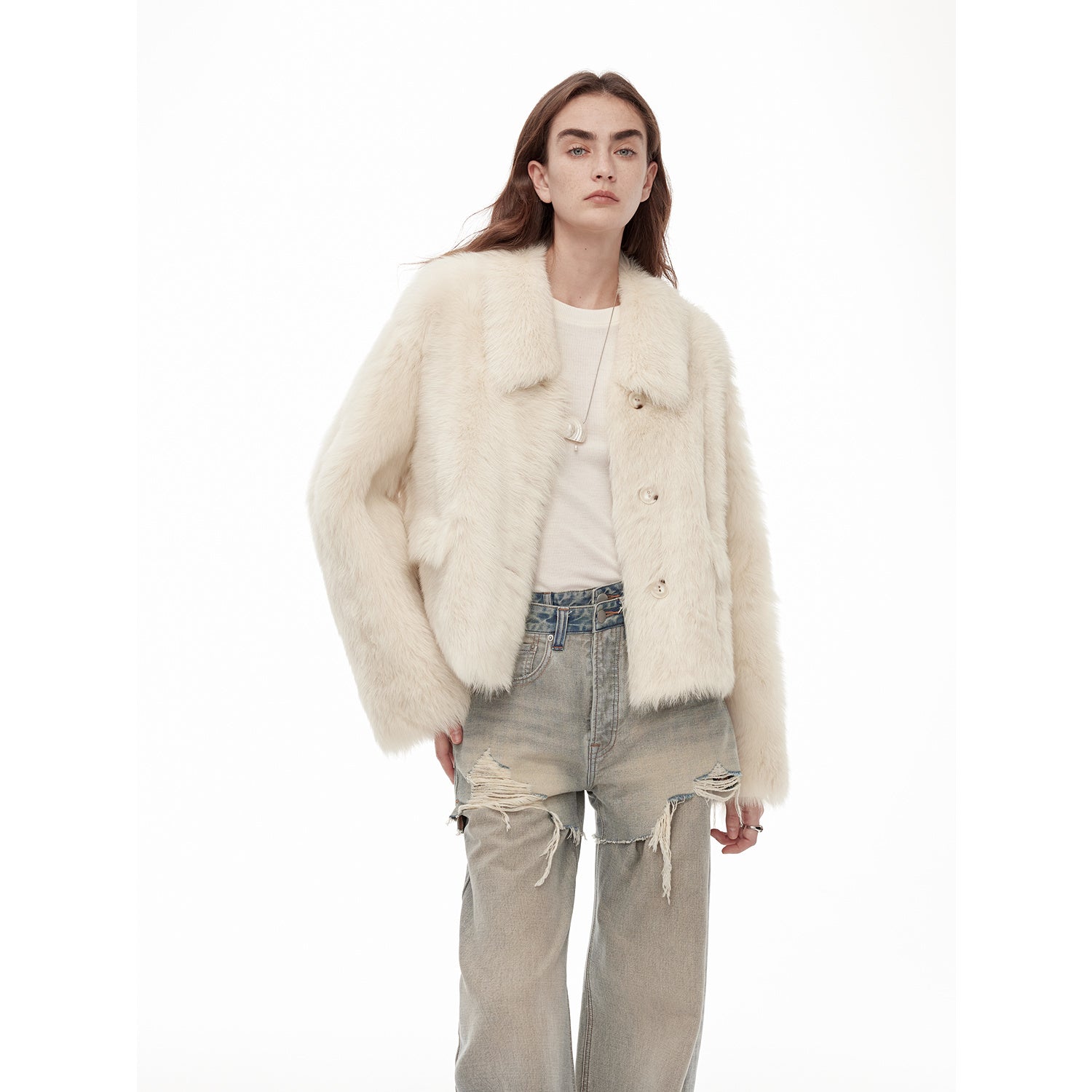 "Dream Walk" long lapel Tuscan wool sheepskin short fur Jacket