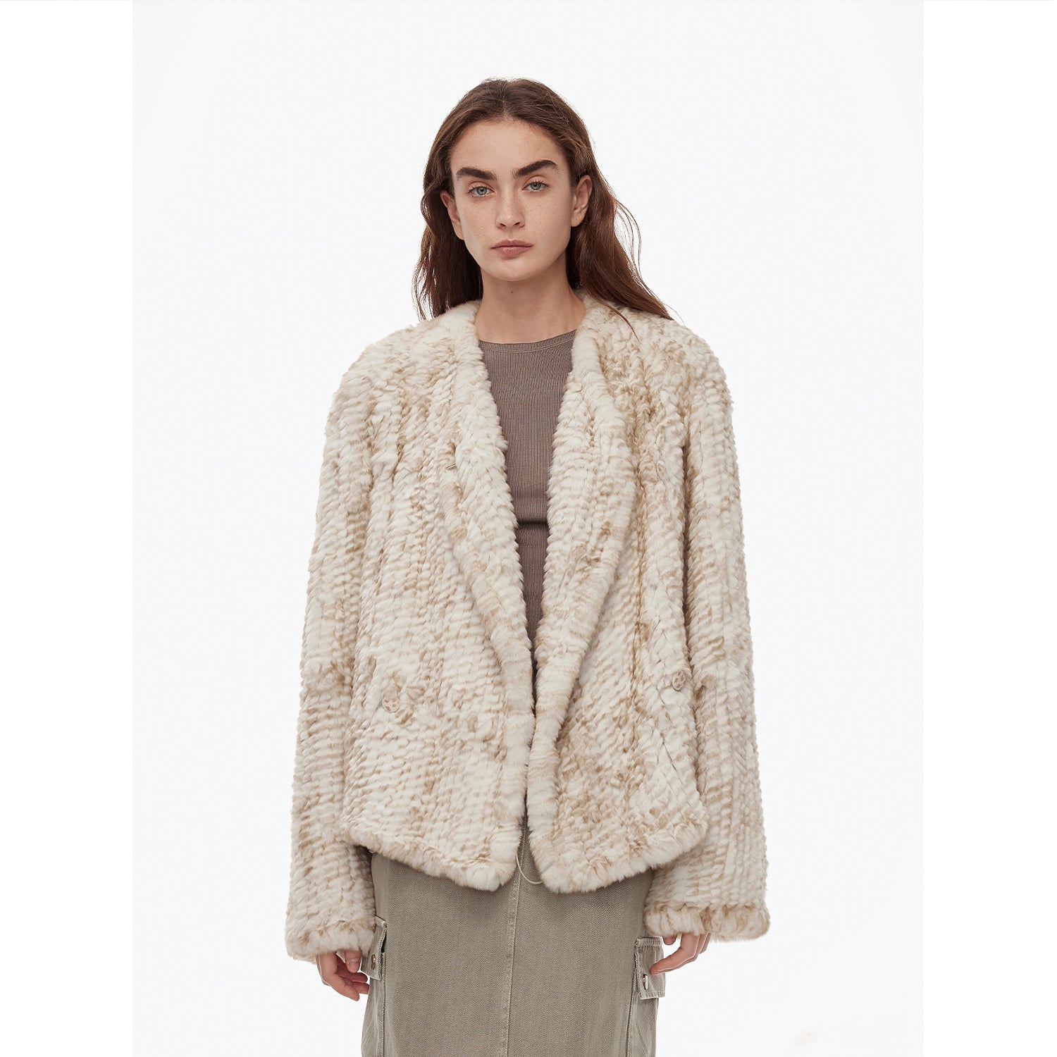 lapel double-breasted loose woven Rex rabbit fur Jacket