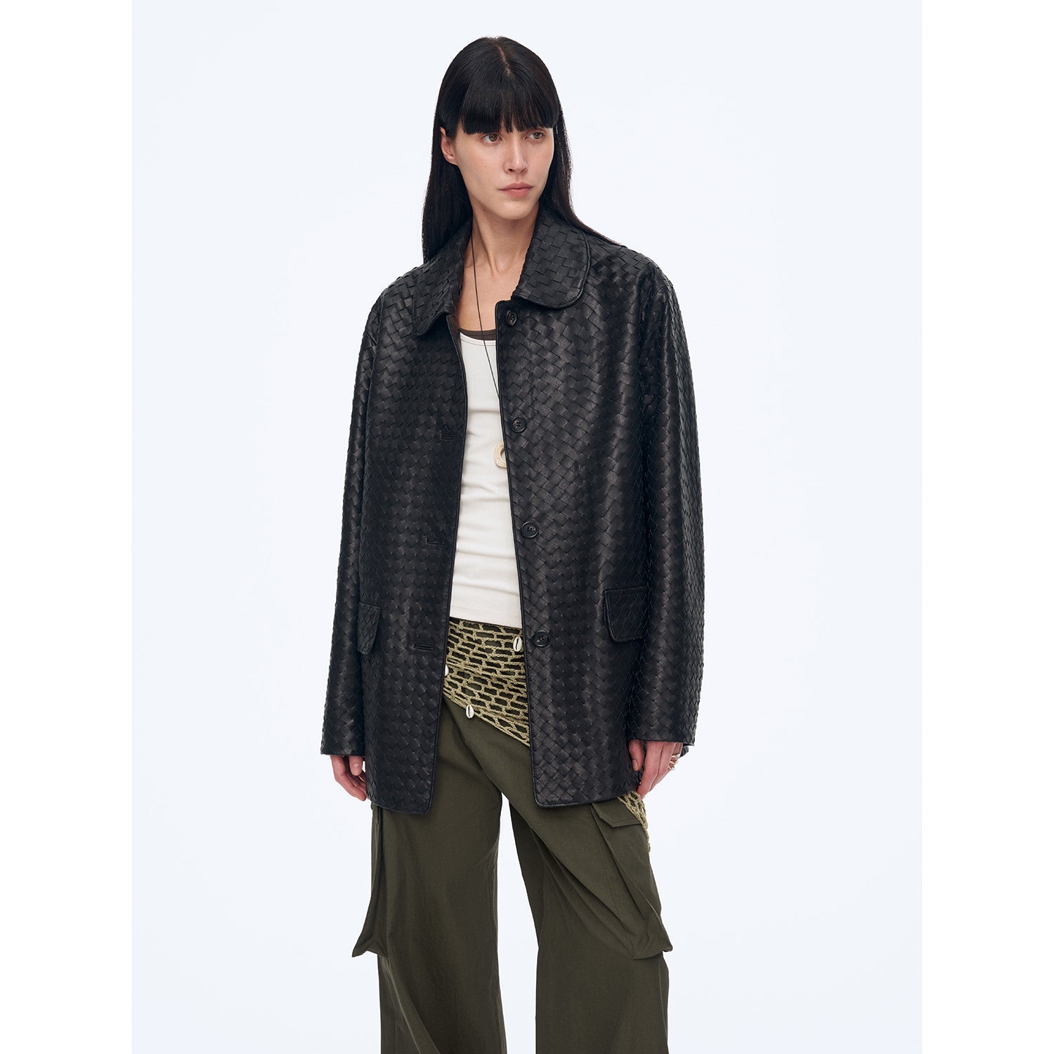 New Zealand imported lambskin perforated woven leather jacket spring"Rembrandt Night"