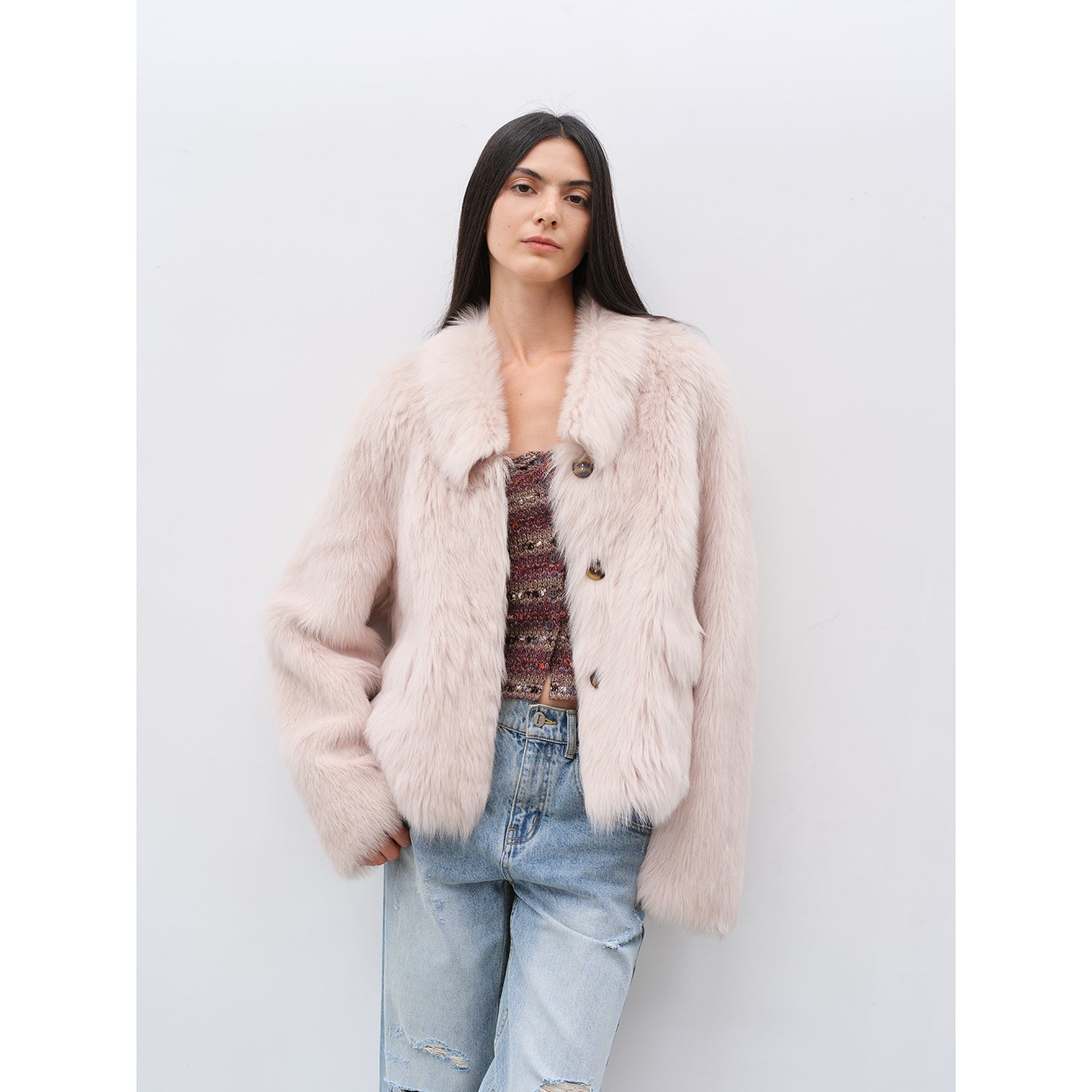 "Dream Walk" long lapel Tuscan wool sheepskin short fur Jacket