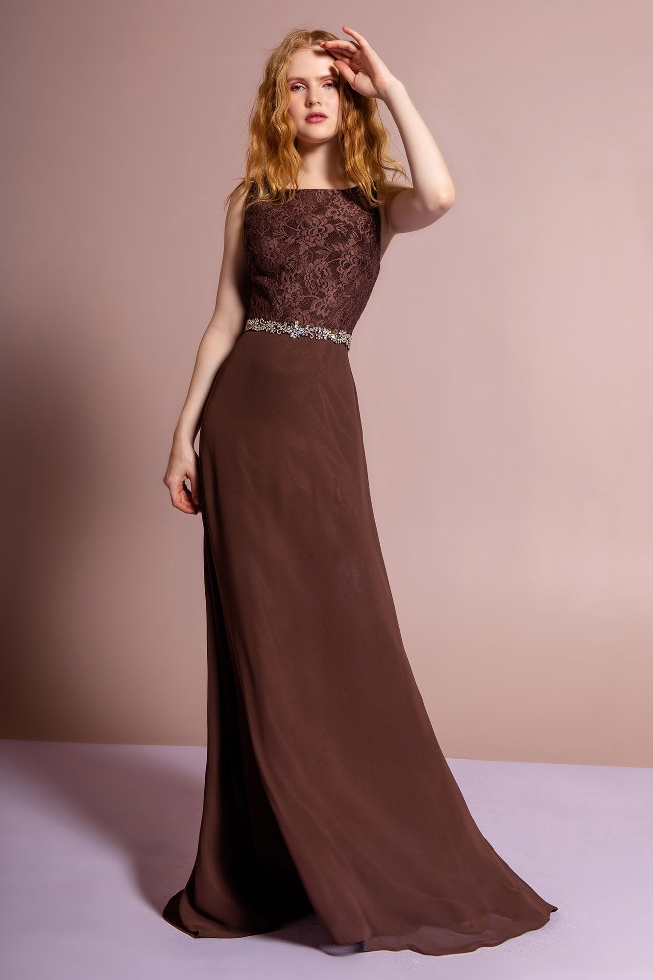 Chiffon Floor  Dress Accented with Jewel Waistband
