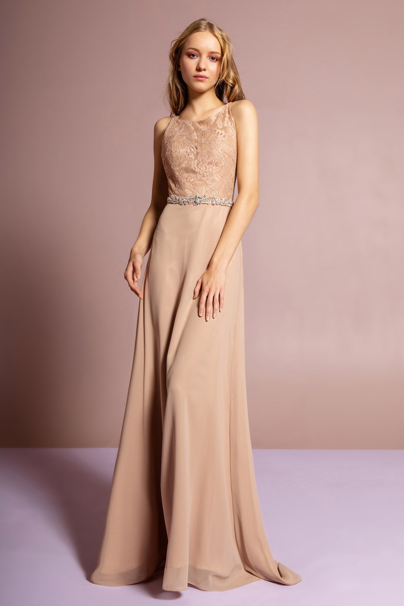 Chiffon Floor  Dress Accented with Jewel Waistband